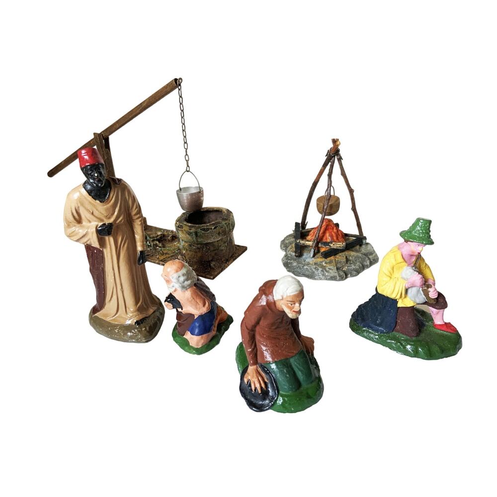 ANTIQUE CHRISTMAS Nativity Figures Wood Fire Water Well Vtg RARE Germany
